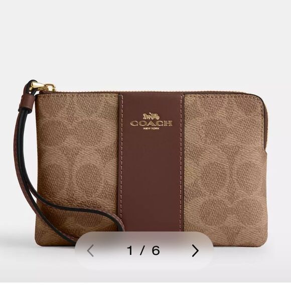 COACH Corner Zip Wristlet In Signature Canvas Khaki Saddle Brown NWT in … - Picture 1 of 7